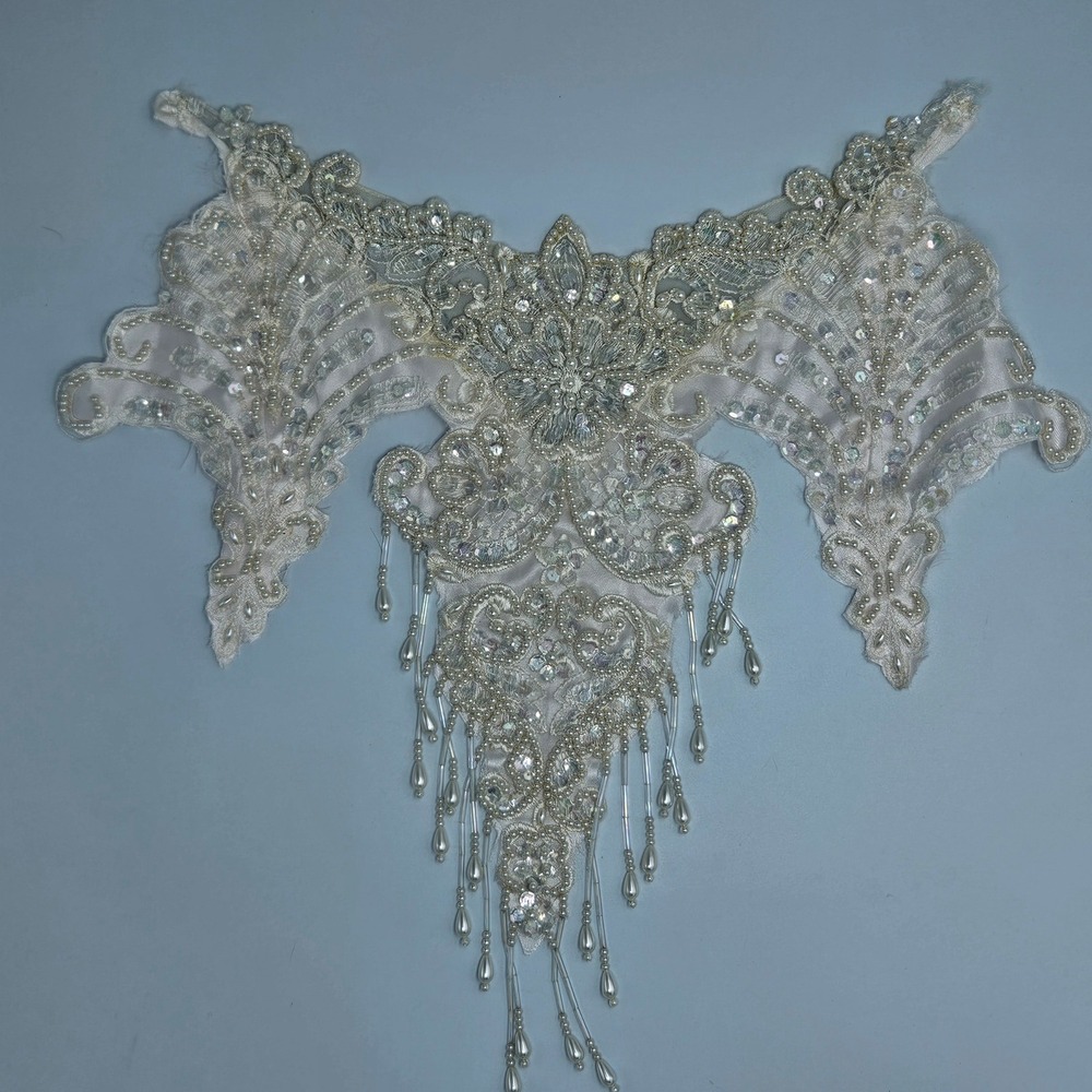 Vintage Ivory Beaded Bridal Applique Pearl Sequin Bodice Trim with Fringe‎ Lace
